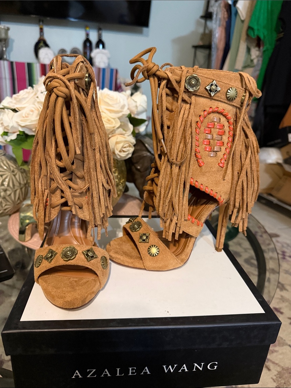 Tan Fringe Suede High Heel Sandals